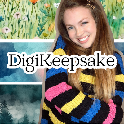 Background blocked by 3 watercolor prints. One is grassy field with wildflowers. Two is blotchy with cotton candy colors. Three is a dark pine forest. A cutout of Lesley smiling and wearing a striped sweater across the blocked prints. The logo for DigiKeepsake across the front.