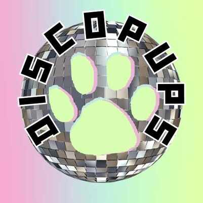 Rainbow ombre background. Big disco ball with a big paw print in the middle. Curved text that reads DiscoPups is along the perimeter of the disco ball.
